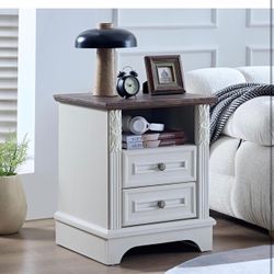 Nightstand with Charging Station, Farmhouse End Side Table, Bedside Cabinet for Bedroom, Living Room (Antique White)