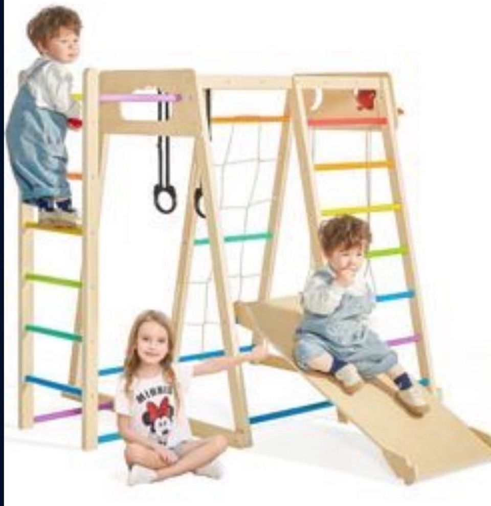 Open Box Paxato Indoor Playground, Climbing Toys for Toddlers 1-3 Inside with Basketball, Slide, Climbing Wall/Net, Monkey Bars and Swing