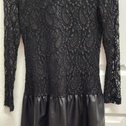 Pinky Black Lace Leather Long Sleeve Dress  Size Small