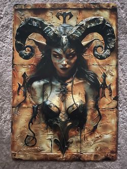 Gothic Dark Fantasy Metal Sign Horned Demoness Wall Art Gothic Decor Fantasy Artwork Tin Plaque