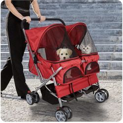 Pet Stroller Dog 4 Wheel Cat Cage Folding Double Carriage 