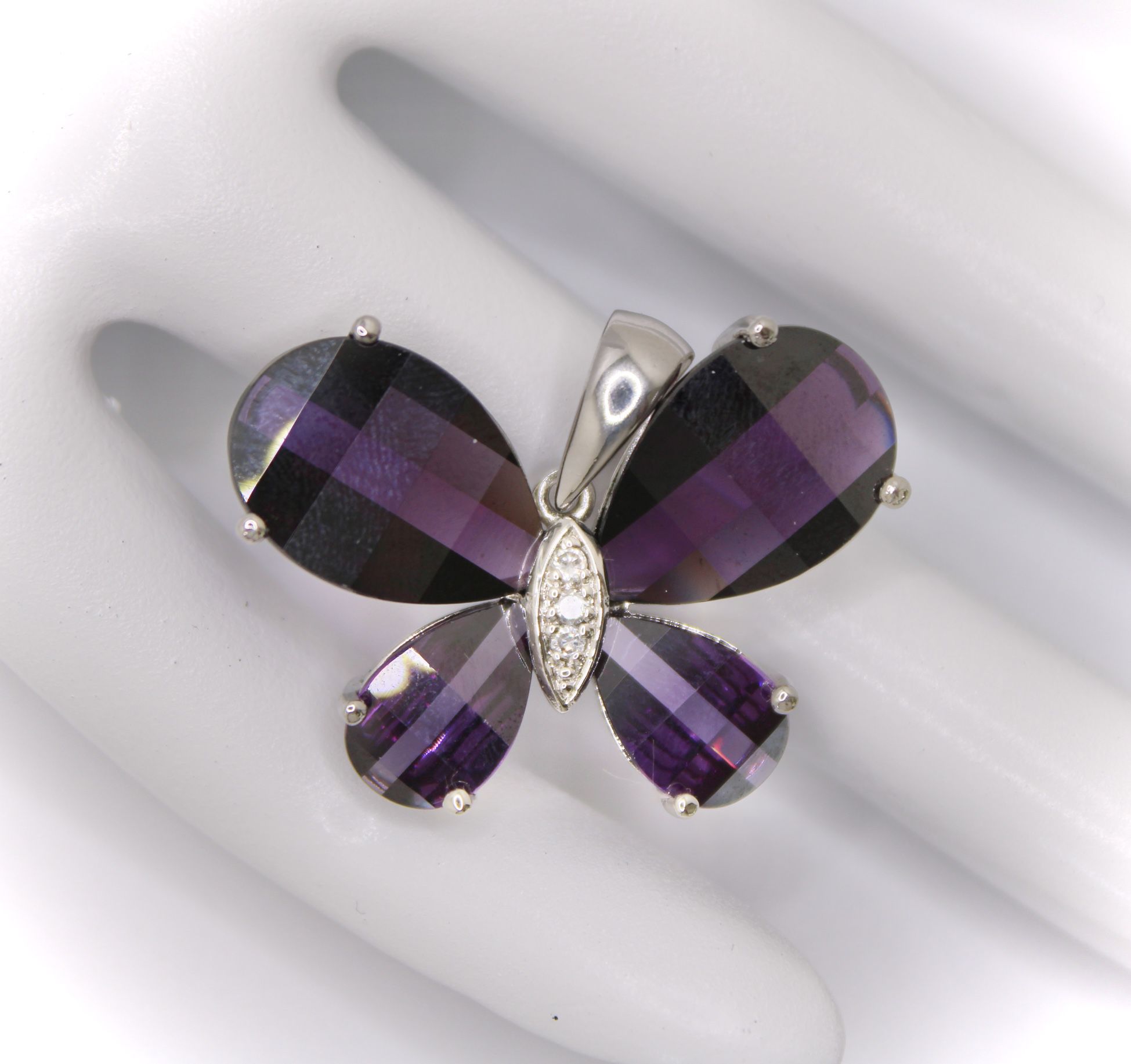 Sterling Silver Amethyst and Cubic Zirconia Butterfly Pendant 1 5/16” W by 15/16” H, 11.96 Grams