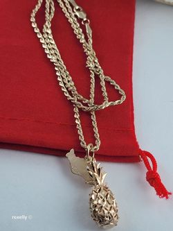 14K Gold Diamond-Cut Rope Necklace 24” with CREA Hawaii Pineapple Pendant – Like New