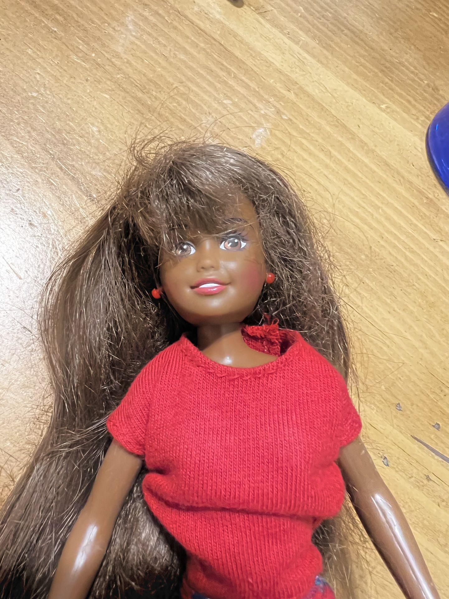 African-American, Barbie, Doll Girl with Red Earrings, Red Shirt, And Red Plaid Skirt