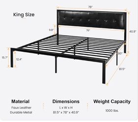 King Size Metal Bed Frame with Faux Leather Headboard