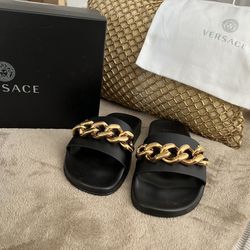  Versace Chain Leather Pool Slide Sandals