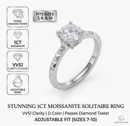 NEW Moissanite Diamond Solitaire Ring - Adjustable Silver Plated Band  (Sizes 7, 8, 9, 10)