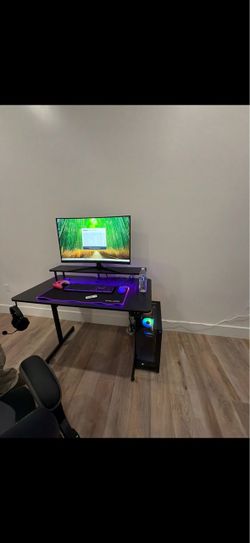 Pc, Black Gaming Desk with Monitor Shelf and keyboard, mouse as well