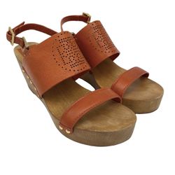 Tory Burch Wood Wedge Orange Platforms Sandals Gold Buckles  Women’s Size 9.5