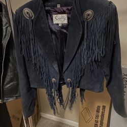 Women Dark Blue Fringe Suede Leather Jacket