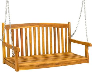48inch Wooden Curved Back Hanging Porch Swing Bench with Metal Chains, Brown