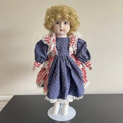 Vintage Patriotic Musical Porcelain Doll Americana Red White Blue Blonde Curly