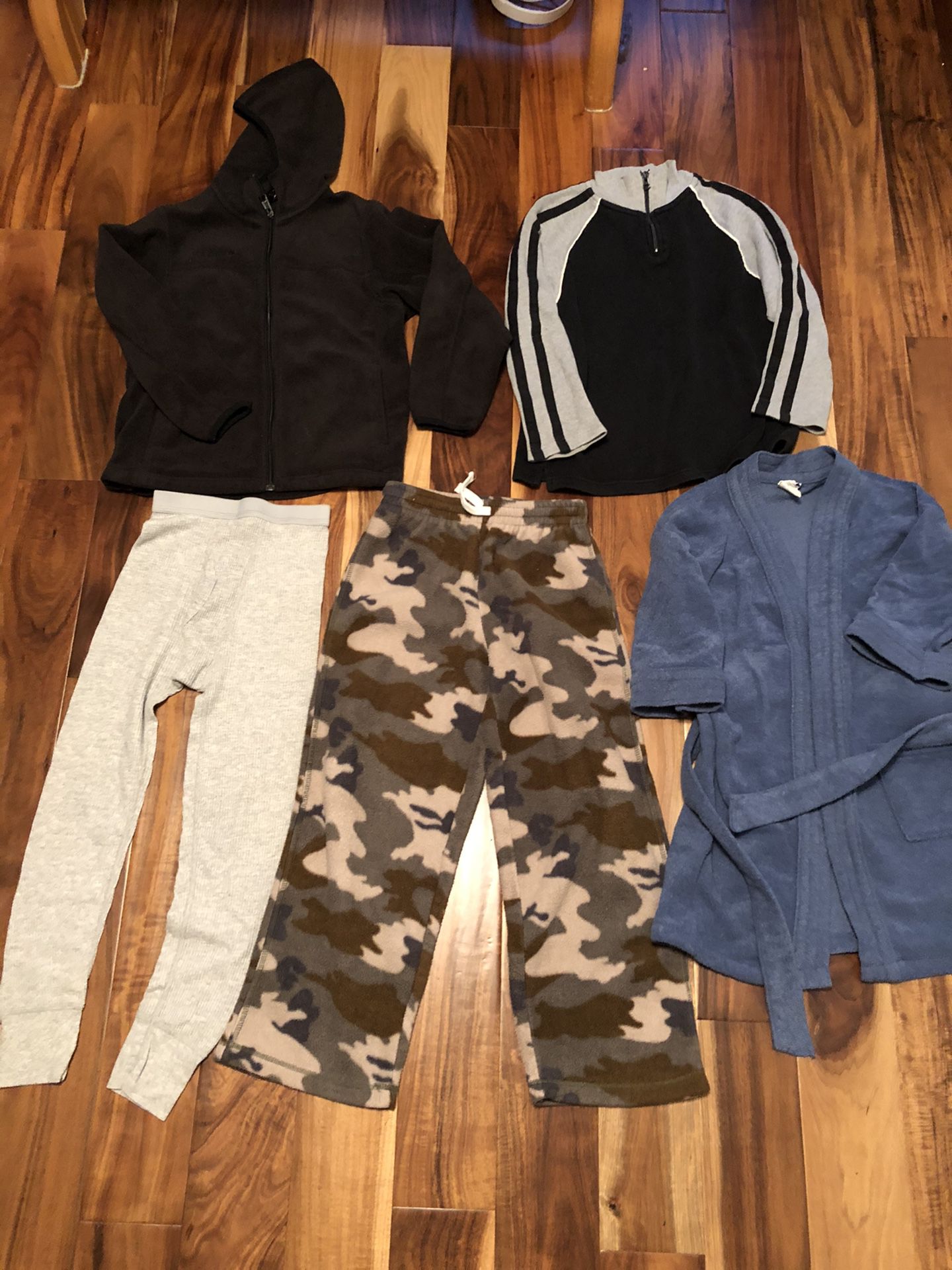 Bundle Of Clothes Size 8 Youth  . Bathrobe  Size 8-10 youth  . Camo Pants Size 7-8 youth 