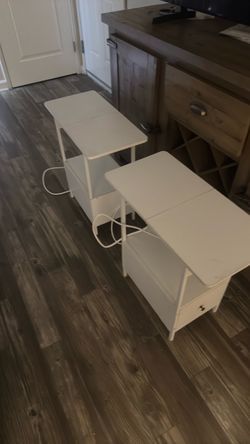 White Metal Nightstands with Drawer and electric outlets– Set of 2