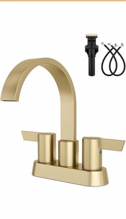 Aolemi Brushed Gold Bathroom Faucet, 4 Inch Centerset 2-Handle Waterfall Includes Pop-Up Drain, 24-Inch Supply Lines, Mounting Hardware, SUS304 Stainl
