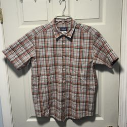 Patagonia Short Sleeve Button Down Plaid Orange Brown Blue Check Shirt