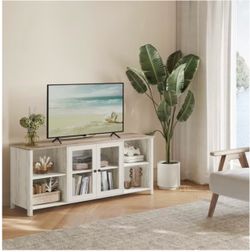 TV Stand for TVs up to 65 Inches,TV Cabinet with Open Shelves,Closed Cabinet,Glass Doors,Rustic White and Heather Greige