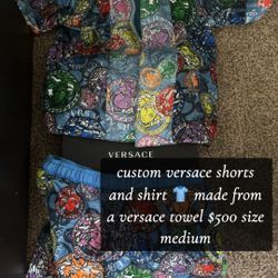 custom versace shorts and shirt made out of a versace robe 