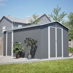 8x12 FT Outdoor Metal Storage Shed with Additional Side Door, Large Tool Shed with 2 Lockable Doors for Easy Access, Aluminum Frame, Grey Backyard Gar