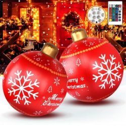 2 Pcs 32 Inch Light up PVC Giant Inflatable Christmas Ball Large PVC Decorated Ball Blow Up Christmas Inflatables Ornaments Outdoor Holiday Yard 