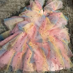 6t girl’s Rainbow Tulle Star and Moon Ruffle Dress multicolor