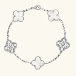 Four-Leaf Clover Silver Bracelet featuring Zircon and Mother of Pearl (MOP)