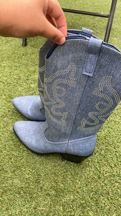 Denim Cowboy Boots with Rhinestone Detail