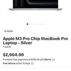 Apple M3 Pro Chip MacBook Pro Laptop-Silver
