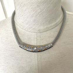 Silver Gold Tone Bib Rhienstone Mesh Chain Necklace 