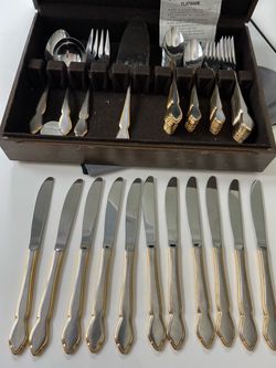 Oxford Hall Towle 2 tone 62 pieces. Gold trim Flatware set for 12. Silverware. Japan. In Jupiter.