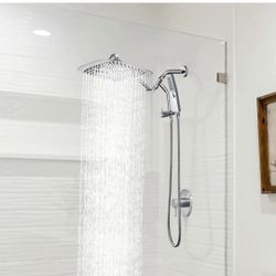 G-Promise Chrome All Metal Dual Square Shower Head Combo | 8" Rain Shower Head | Handheld Shower Wand with Extra Long Flexible Hose | Smooth 3-Way Div