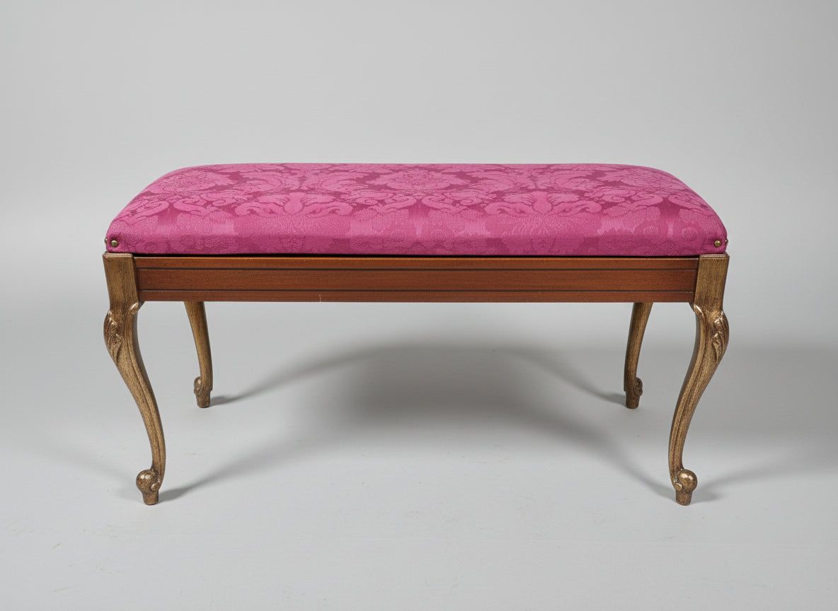 Magenta Damask Upholstered Storage Bench with Carved Wood Legs