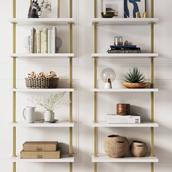 White & Gold 5-Shelf Ladder Wall Bookshelves (Set of 2)