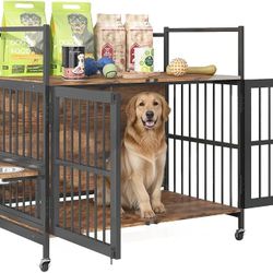   Dog Crate Furniture, Indoor Heavy-Duty Dog Kennel Double Doors with 360° & Adjustable Raised Feeder, Dog Cage with Wheels & 2 Stainless Ste