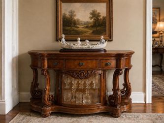 Ornate Wood Buffet Sideboard with Glass Cabinet
