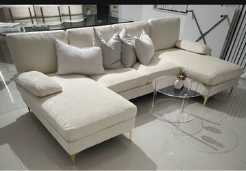 Convertible Sectional Sofa 110" U-Shape Sofa Couch 4-Seat Couch with Chaise ChenilleFabric Upholstered for Living Room, Apartment, Office, Creamy Whit