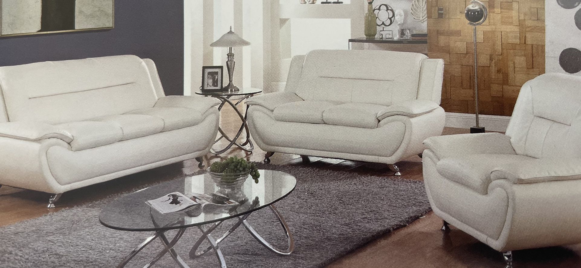 White Leather Three Piece Couch Set 