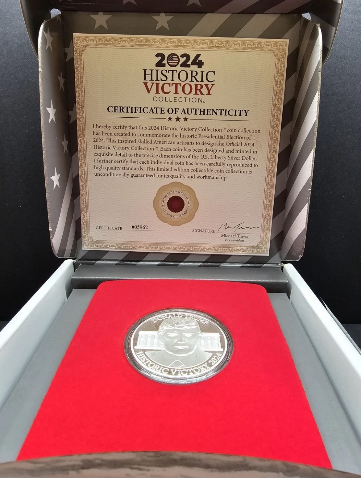 Donald Trump 2024, Victory Commemorative Coin, Pure .999 Silver Layered, Limited Edition, Historic Election Collectible with Display Cas