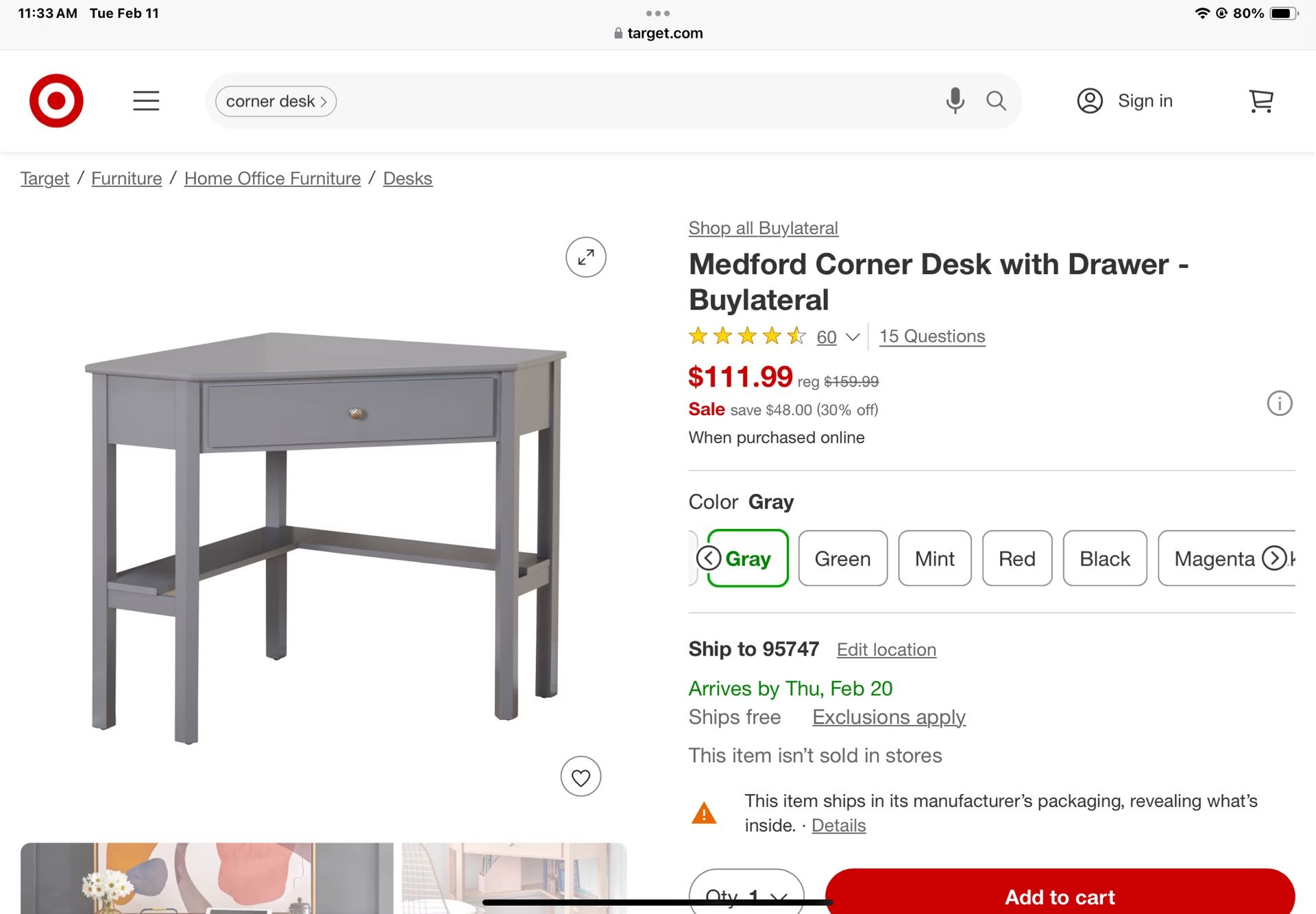 Medford Corner Desk with Drawer GRAY - Buylateral Target - BRAND NEW in box
