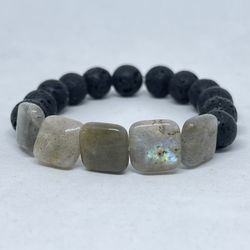 Natural Charged Labradorite & lava Bracelet (known For : Protect Against Negativity, Cleanses Aura, Reduce Stress, Calm Emotions,healer )