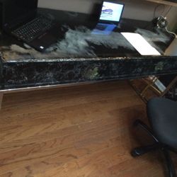 GRANITE LOOK CHROME TABLE OR DESK..MADE WITH EPOXY. ROCK LOOK EDGES….GLOSSY BLACK WITH GRAY DESIGN…72X24X32H 
