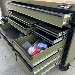 Husky
Heavy Duty 61 in. W x23 in. D 15-Drawer Matte Army Green Mobile Workbench Cabinet with Solid Wood Top