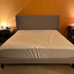 Zinus 51” Annette Upholstered Platform Bed Frame, light Grey, King, + bunkie board