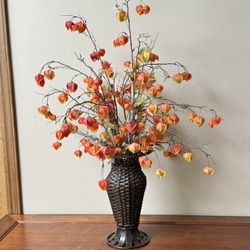 Fall Flower Arrangement with Wrought Iron Wicker Vase