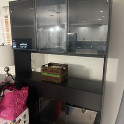 Black Wood Buffet / Food Pantry with Hutch & LED Lights