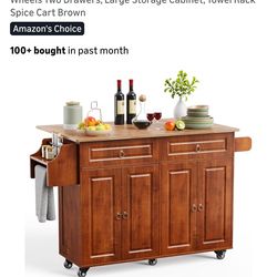 Kitchen Island with Drop Leaf and Storage, on Wheels Two Drawers, Large Storage Cabinet, Towel Rack Spice Cart Brown