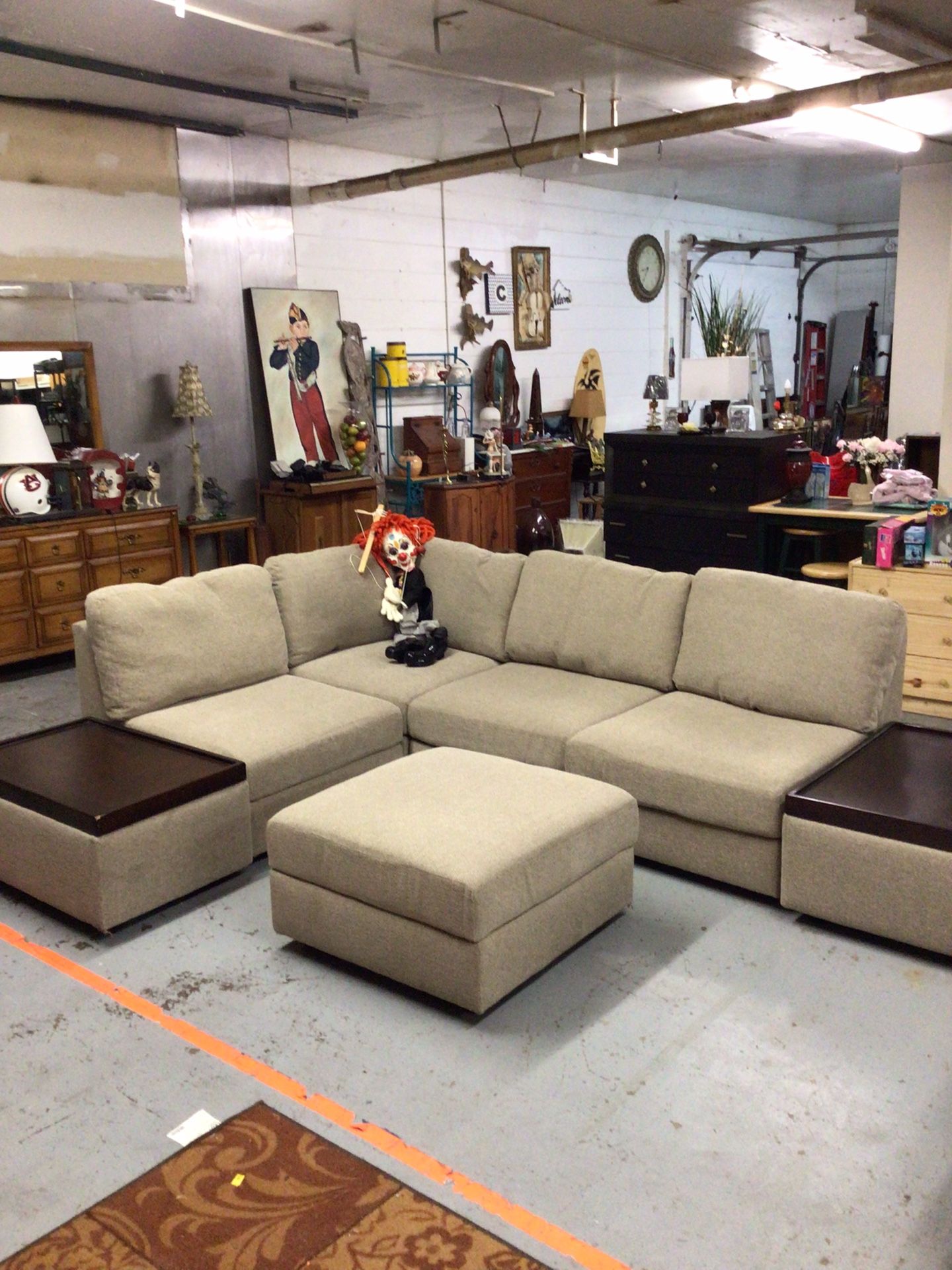 Large Seven Piece Tan Reversible L Shaped Modular Sofa Sectional With Side Tables And Ottoman For Sale! 🛋️ - 7 pieces - 2 Side tables - Ottoman -