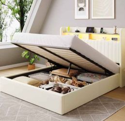Full bed Lift Up Storage Full Size Bed Frame, Charging Station, LED, Storage Headboard, Velvet, No Box Spring Needed, Noise Free, white 


130