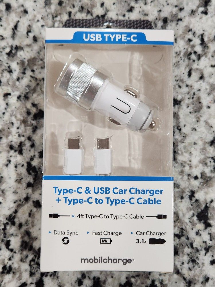 NEW Type-C & USB Car Charger + 4-ft. Type-C to Type-C Cable