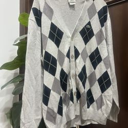 Lacoste Gray and Black Cardigan Sweater Argyle Design